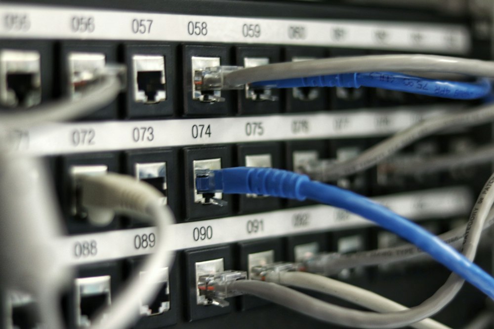 Numbered patch panel with blue and grey ethernet cables plugged in